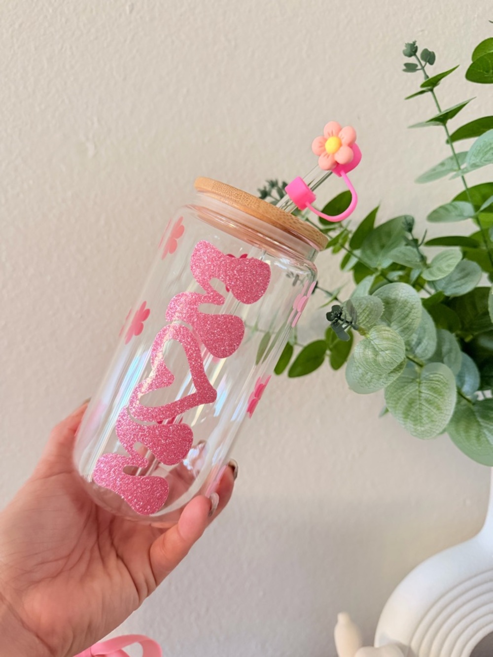 S&R Creations Glass Jar with Pink Flower Accents